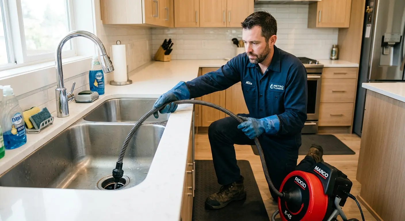 Drain cleaning technician using a motorized snake on a kitchen sink in Berlin