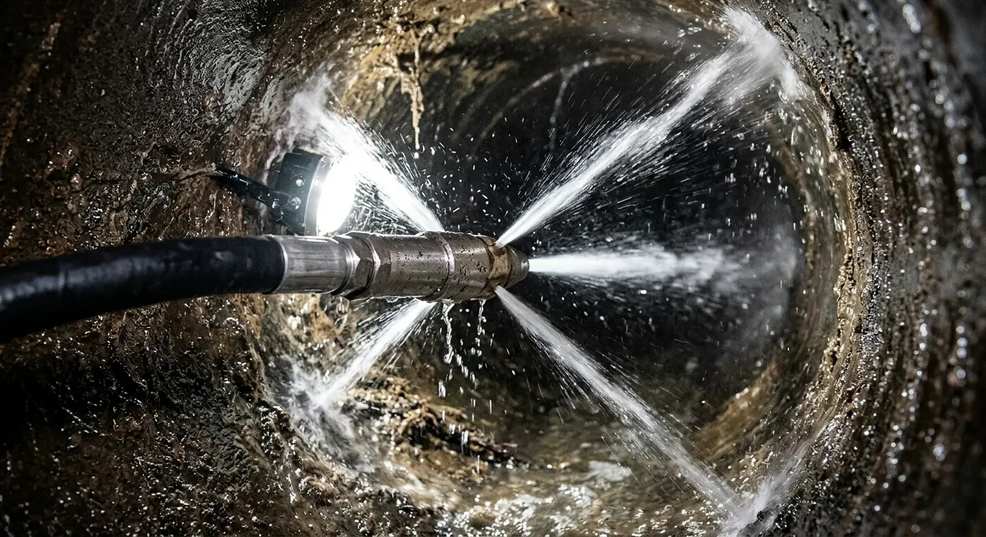 High-pressure hydro jetting nozzle cleaning sewer pipe for Emergency Drain Service in Berlin