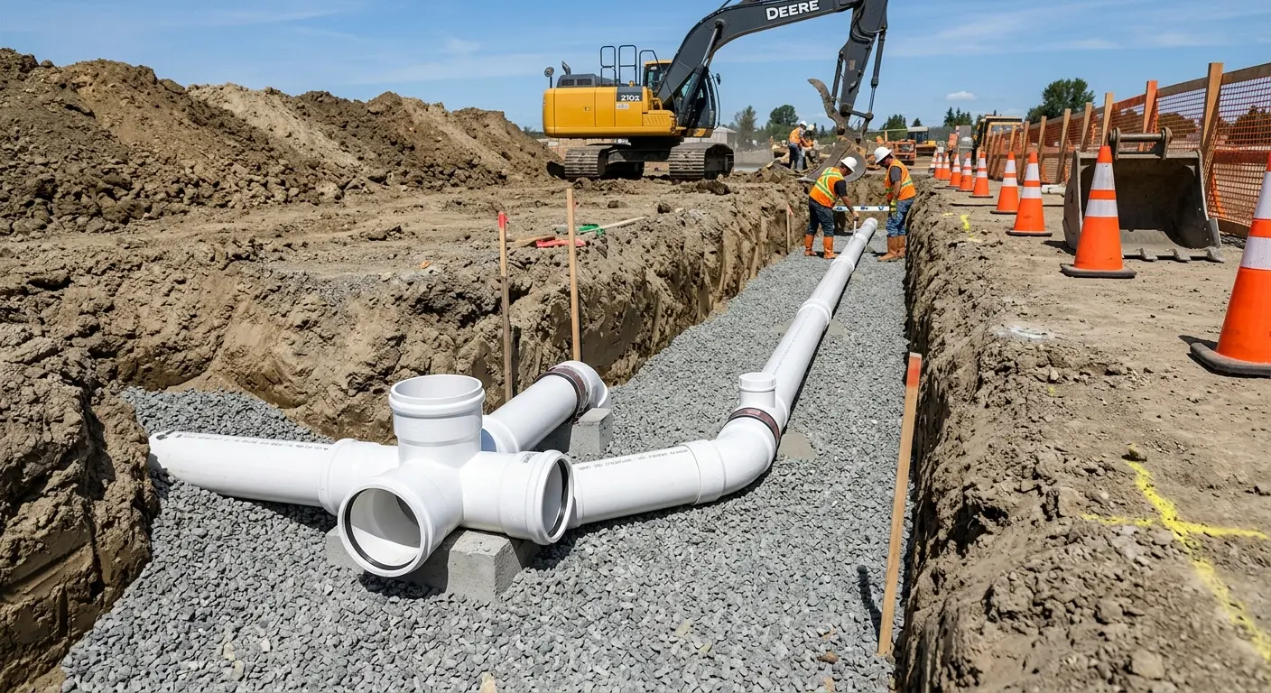 New PVC sewer pipe installation in open trench for Grease Trap Cleaning in Berlin