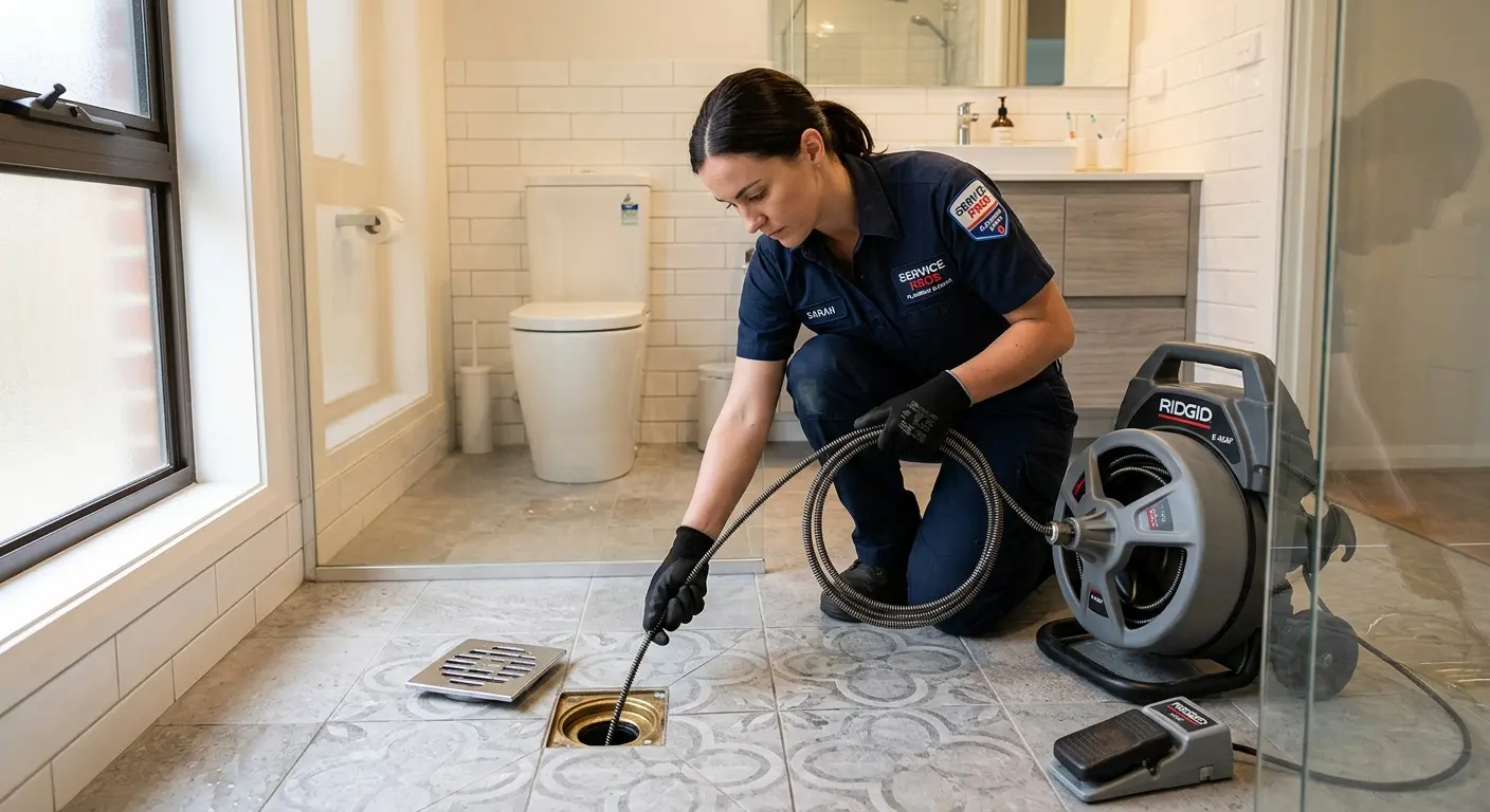 Technician clearing a bathroom floor drain for Sewer Line Replacement in Berlin